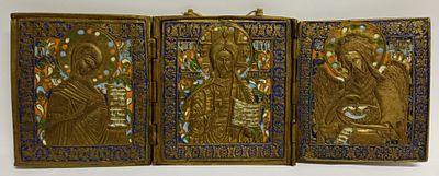 Икона Складень ДЕИСУСНЫЙ РЯД лаки Россия 19 в. Состояние: Отличное 
Ширина: 36 сантиметров 