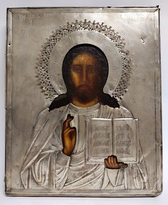 Икона Спас оклад серебро 84 Россия 19 в. Ширина: 22 сантиметров 
Высота: 27 сантиметров