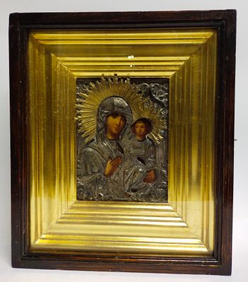 Икона Иверская Божия Матерь Россия 19 век. Ширина: 14 сантиметров 
Высота: 18 сантиметров 