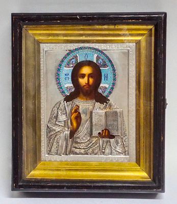 Икона Спас в окладе серебро 84 эмали Россия 19 век. Состояние: Отличное 
Ширина: 22 сантиметров 