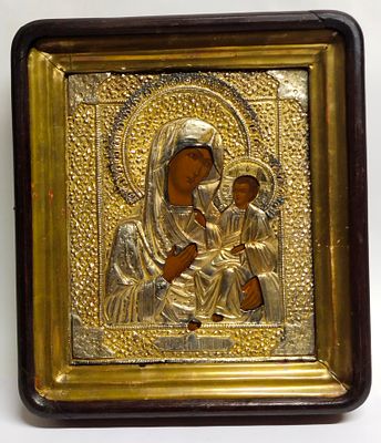 Икона Иверская Божья матерь в окладе серебро 84 позолота Россия 19 век. Состояние: Отличное 