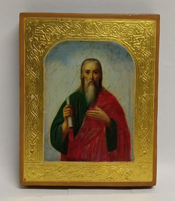 Икона Святой Андрей Первозванный 19 в. Состояние: Отличное 
Ширина: 11 сантиметров 
Высота: 14 