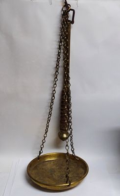 Старинный фунтовый безмен - весы , бронза с чашей на 3-х цепях Россия 1900-е