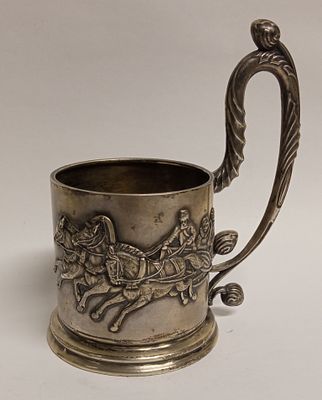 Подстаканник &laquo;Русская Тройка&raquo;. Серебро 84 Русский стиль 19 век. РЕДКОСТЬ: Очень высокая ручка 