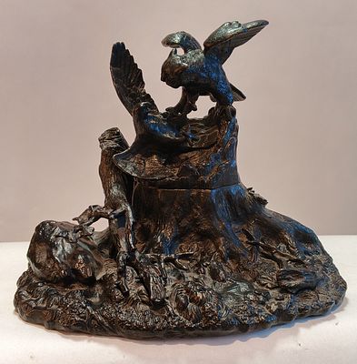 Скульптурная композиция СХВАТКА ФИЛИНА с ЯСТРЕБОМ Касли СССР 1961 г (Чернильница). Чернильница 