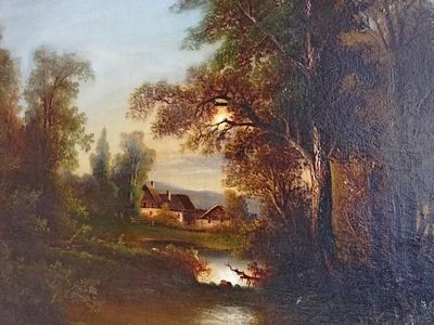 Картина Вечерний пейзаж в стиле старых голландцев H. Muller Германия 19 век. Подпись: H. Muller 