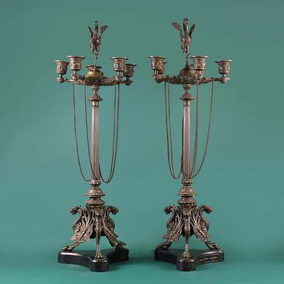 Парные бронзовые канделябры в стиле Ампир Франция XIX век
. Материал: Бронза 
Страна: Франция 