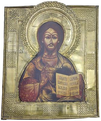 Икона Господь Вседержитель в окладе. Дерево, Левкас, Темпера , Ковчег, 
Размеры 33 х 35 см