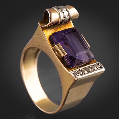 Sortija vintage a&ntilde;os 40-50 en oro amarillo y oro blanco de 18kt con amatista rosa de Francia. N& 