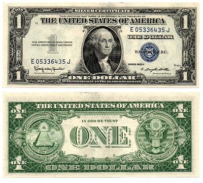 Банкнота 1 доллар 1935 года, США UNC (SERIES 1935 H № E05336435J). Размеры (мм): 155 х 66 