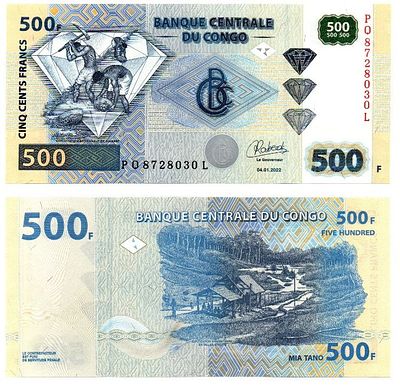 Банкнота 500 франков 2022 года, Конго UNC. Размеры (мм): 150х70 
Состояние: UNC 
Состояние 