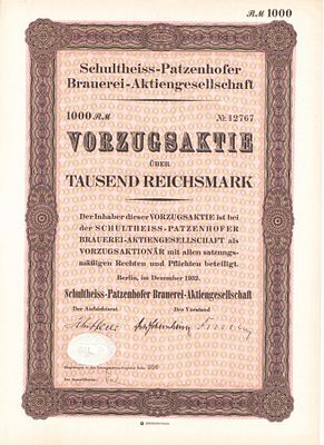 Акция Пивоварня Schultheiss Patzenhofer, 1000 рейхсмарок, 1932 г., Германия, Третий Рейх. Акция 