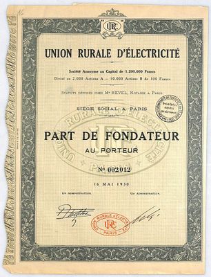 Акция Электроснабжение сельскохозяйственных предприятий, 100 франков 1930 года, Франция. Union 