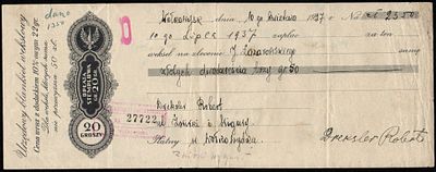Вексель, 1937 года, Польша. Размер: 280х117 мм 
Состояние как на фото, имеются следы бытования