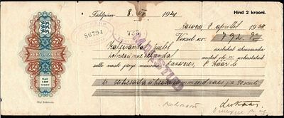 Вексель, Эстония, 1934 год. Размер: 293х118 мм 
Состояние как на фото, имеются следы бытования