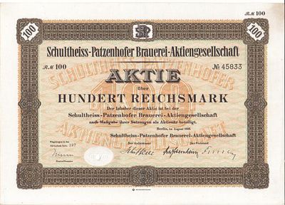Акция Пивоваренный завод Schultheiss Patzenhofer, 100 рейхсмарок, 1932г., Германия, Третий Рейх. 
