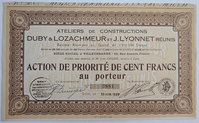 Акция Строительные мастерские Дюби, Лозахмер и Ж. Лионне, 100 франков 1927 года, Франция. Atelier 