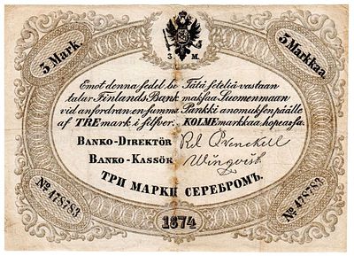 Банкнота 3 марки 1874 год, Великое княжество Финляндское. Размеры (мм): 130х93 
Состояние: на 