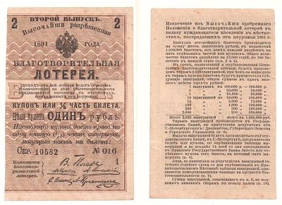Лотерейный билет 1 рубль 1891 года, Благотворительная лотерея пострадавшим от неурожая (2 выпуск). 