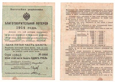 Лотерейный билет 1 рубль 1914 года, Благотворительная лотерея в пользу раненых и больных воинов 