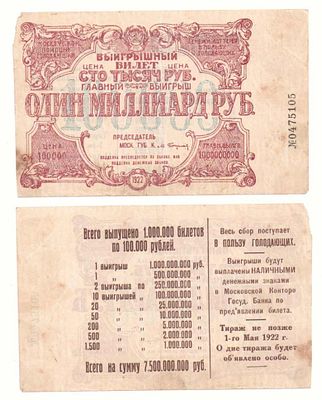 Лотерейный билет 100000 рублей 1922 года, Денежная лотерея в пользу голодающих. Весь сбор 