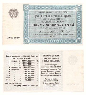 Лотерейный билет 1922 года, 500000 рублей, ЦКПомгол при ВЦИК. Выигрышный билет, цена 500 тысяч 
