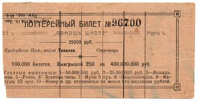 Лотерейный билет 25000 рублей 1922 года, "Помощь школе", Томск. Размеры (мм): 129х64 
Состояние: 