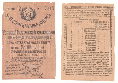 Лотерейный билет 25000 рублей 1922 года, Благотворительная лотерея Терской Губернской комиссии 