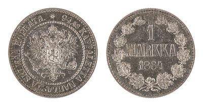 1 Марка 1864. S. R1. Хорошая коллекционная сохранность. Первый год чекана. Гельсингфорсский 