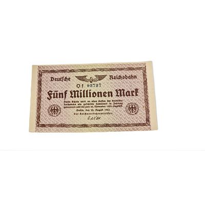 שטר של חמישה מיליון מארק. שטר גרמני דויטשה רייכסבנק - 1923 
השטר שמור מאוד. ללא קמט. 
אורך - 14.5 
