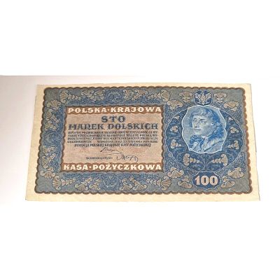 מאה מארק פולני 1919. השטר הפולני במצב שמור , לא מקופל ולא מקומט. 
אורך - 17 ס"מ 
רוחב - 10.5 ס"מ