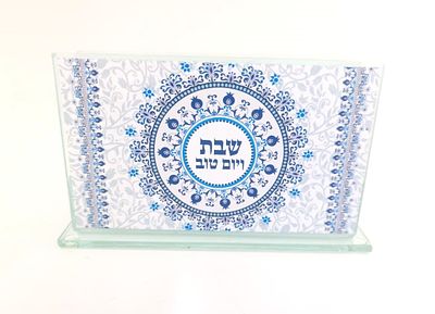 מחזיק גפרורים זכוכית עם הדפסה "הדלקת נרות" . פריט מיוחד לכבוד שבת מחזיק לגפרורים מיועד לחפיסת 