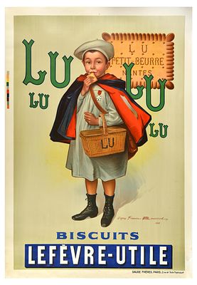 Advertising Poster Lu Biscuit Lefevre Utile Little Schoolboy Firmin Bouisset. Original antique 