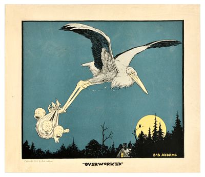 Lithograph Print Overworked Stork Babies Bob Addams. Original antique lithograph print titled 