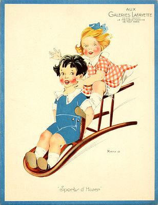 Advertising Poster Winter Sport Children Paris Galeries Lafayette Sports d'Hiver. Original 