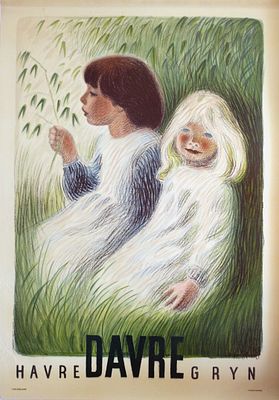 Advertising Poster Oatmeal Field Sikker Hansen Havre. Original vintage Danish food advertising 