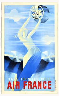 Advertising Poster Air France In All Skies Art Deco Valerio. Original vintage travel poster - 