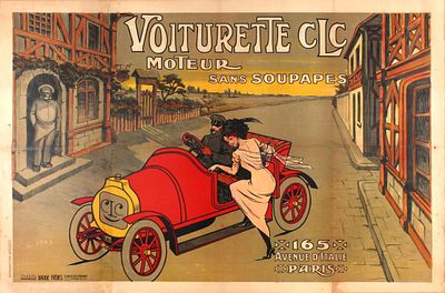 Advertising Poster Voiturette CLC Early Classic Car Belle Epoque France. Original antique early 