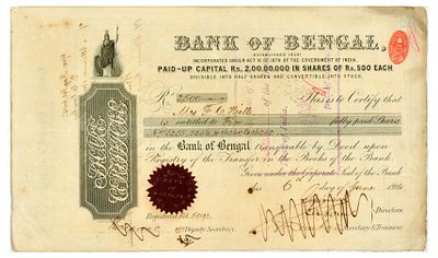 Advertising Poster Bank of Bengal Shares Calcutta India. Original antique Bank of Bengal shares 