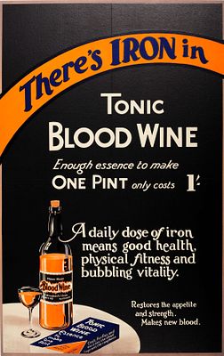 Advertising Poster Tonic Blood Wine Health Supplements Fitness. Original vintage medicinal drink 