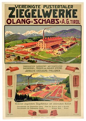 Advertising Poster Pustertal Brickworks Ziegelwerke Factory Olang Schabs. Original antique 
