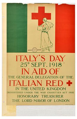 Advertising Poster Italy's Day Italian Red Cross WWI. Original antique fundraising poster 