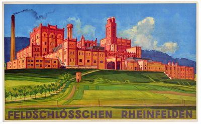 Advertising Poster Feldschlosschen Brewery Rheinfelden Switzerland. Original antique drink 