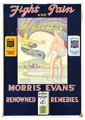 Advertising Poster Morris Evans Renowned Remedies Medicine. Original vintage health product 