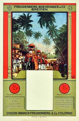 Advertising Poster Freudenberg Boehringer Merchants Ceylon Elephants. Original vintage 