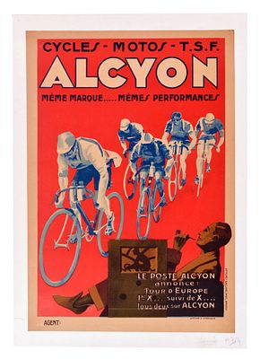Advertising Poster Alcyon Cycles Tour Europe. Original vintage advertising poster Alcyon Cycles 