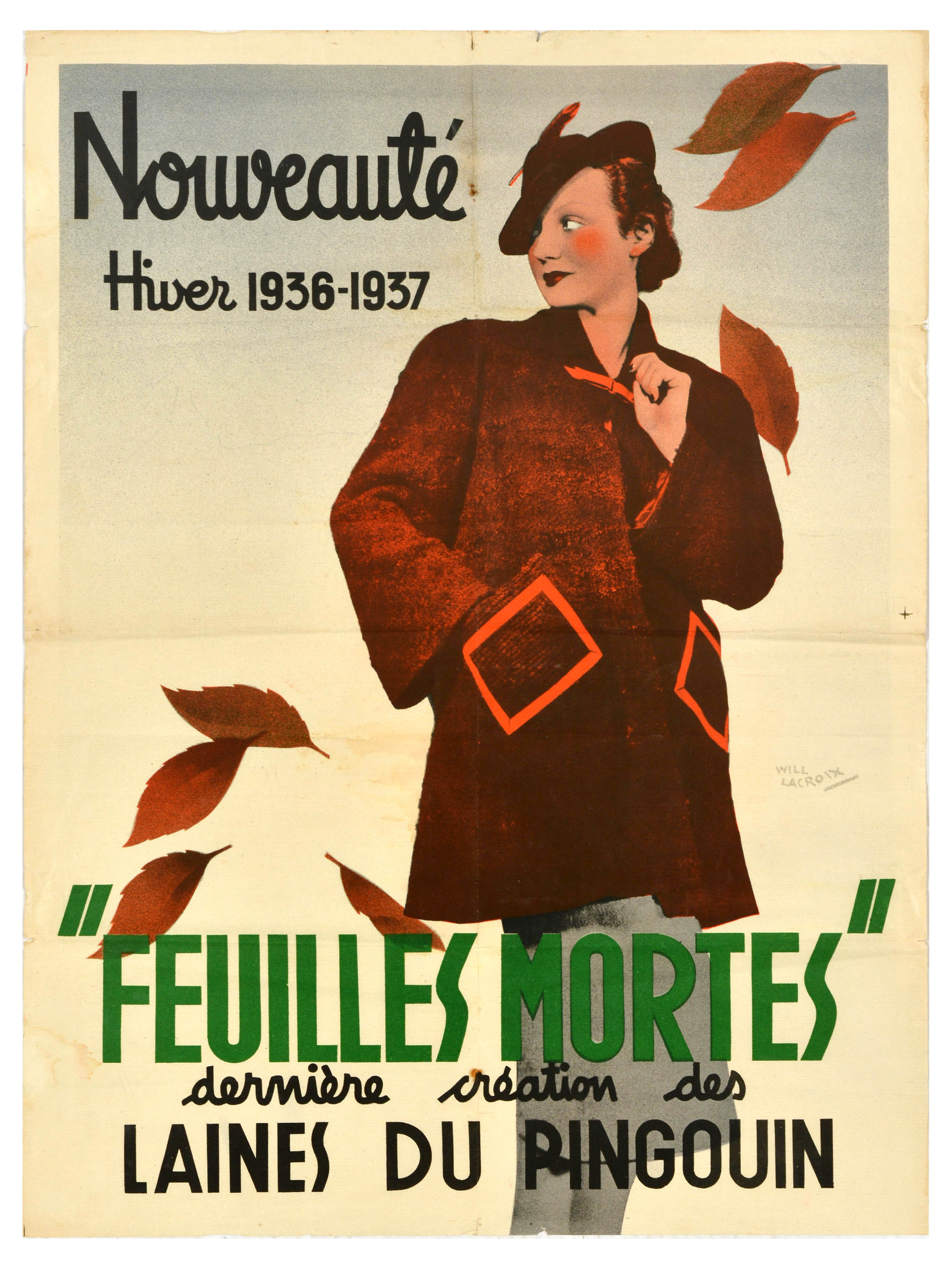 Advertising Poster Feuilles Mortes Art Deco Fashion Penguin Wool Laines du Pingouin Wool Yarn