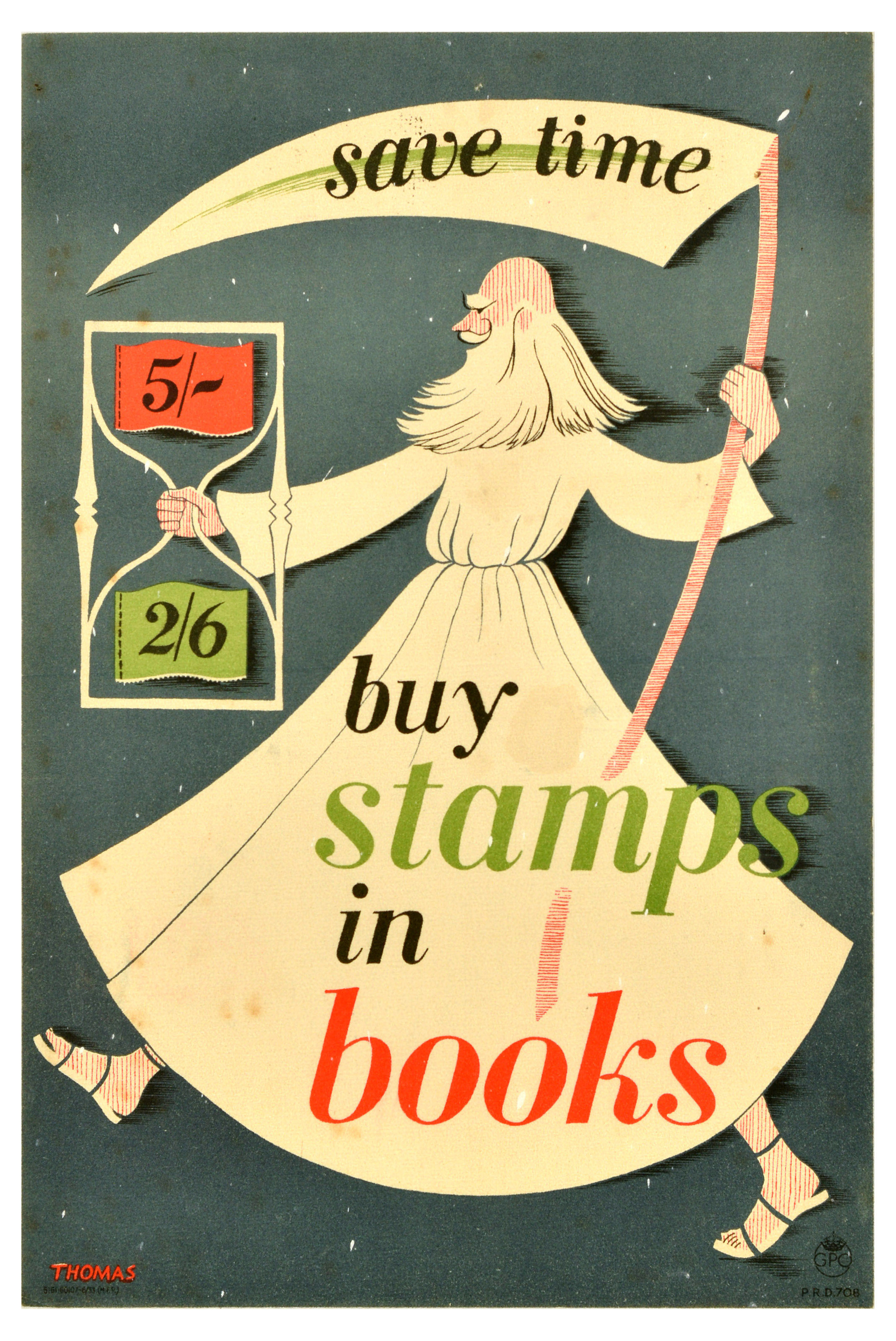 Advertising Poster Buy Stamps Books Time GPO Hourglass Scithe