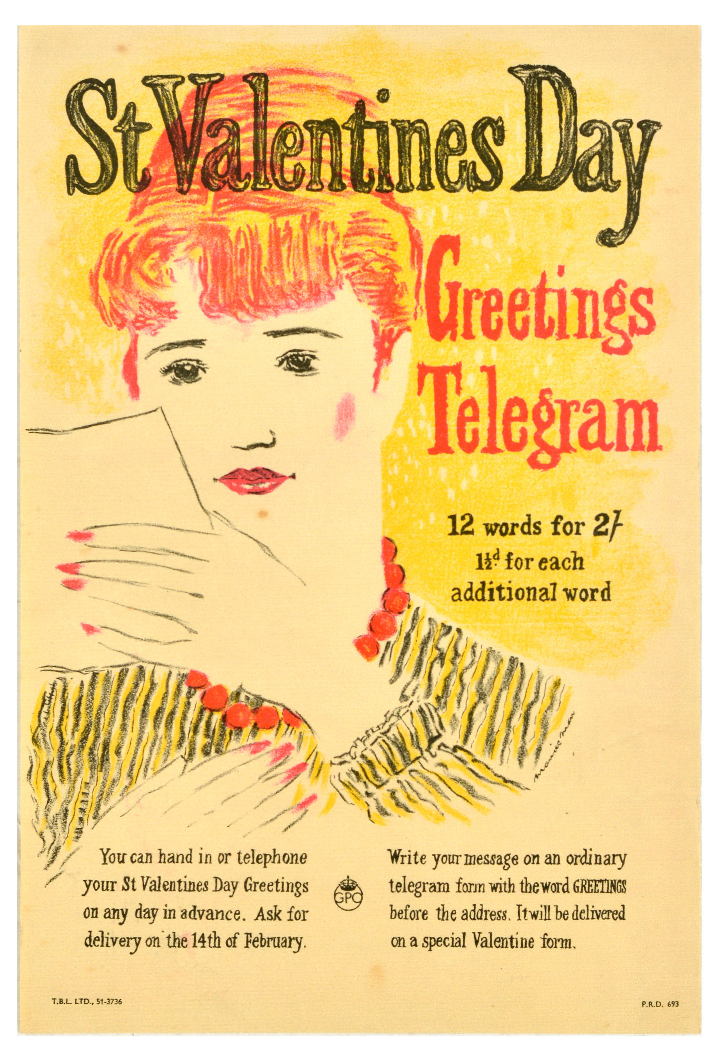 Advertising Poster St Valentines Day Telegram GPO Post Office