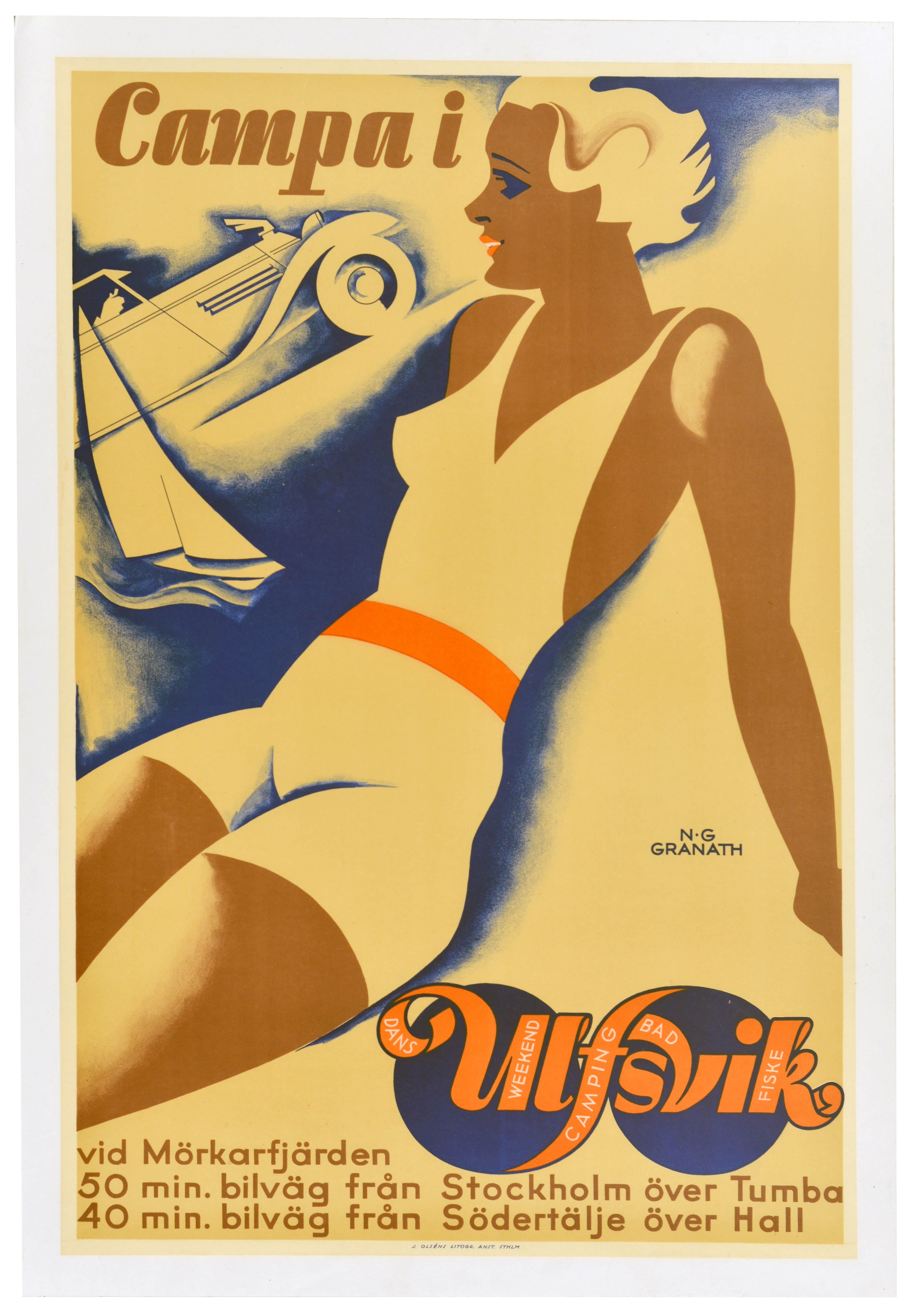 Travel Poster Ulvsvik Camping Sweden Baltic Sea Art Deco